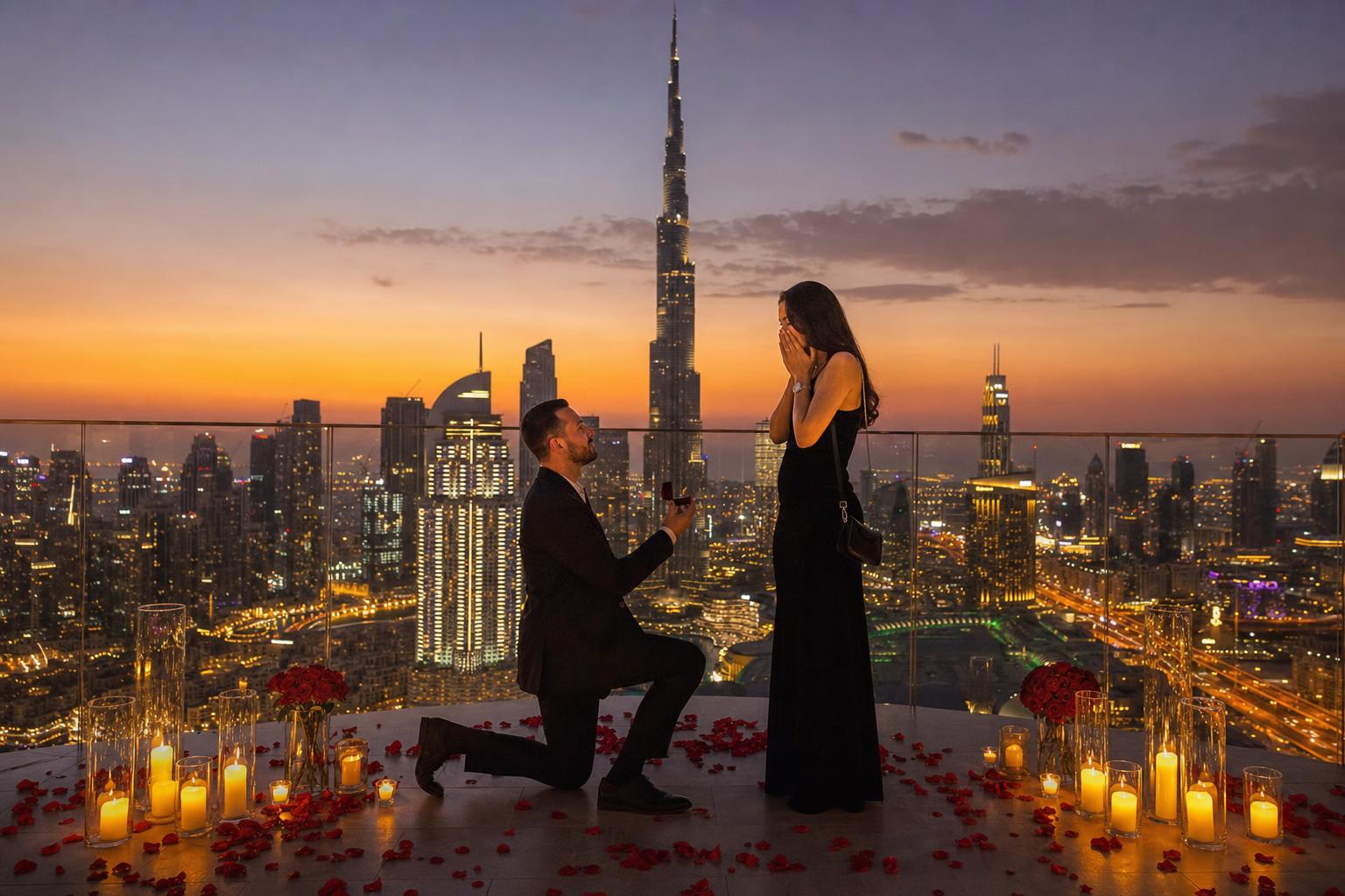 Romantic marriage proposal setting in Dubai with the iconic Dubai skyline at dusk