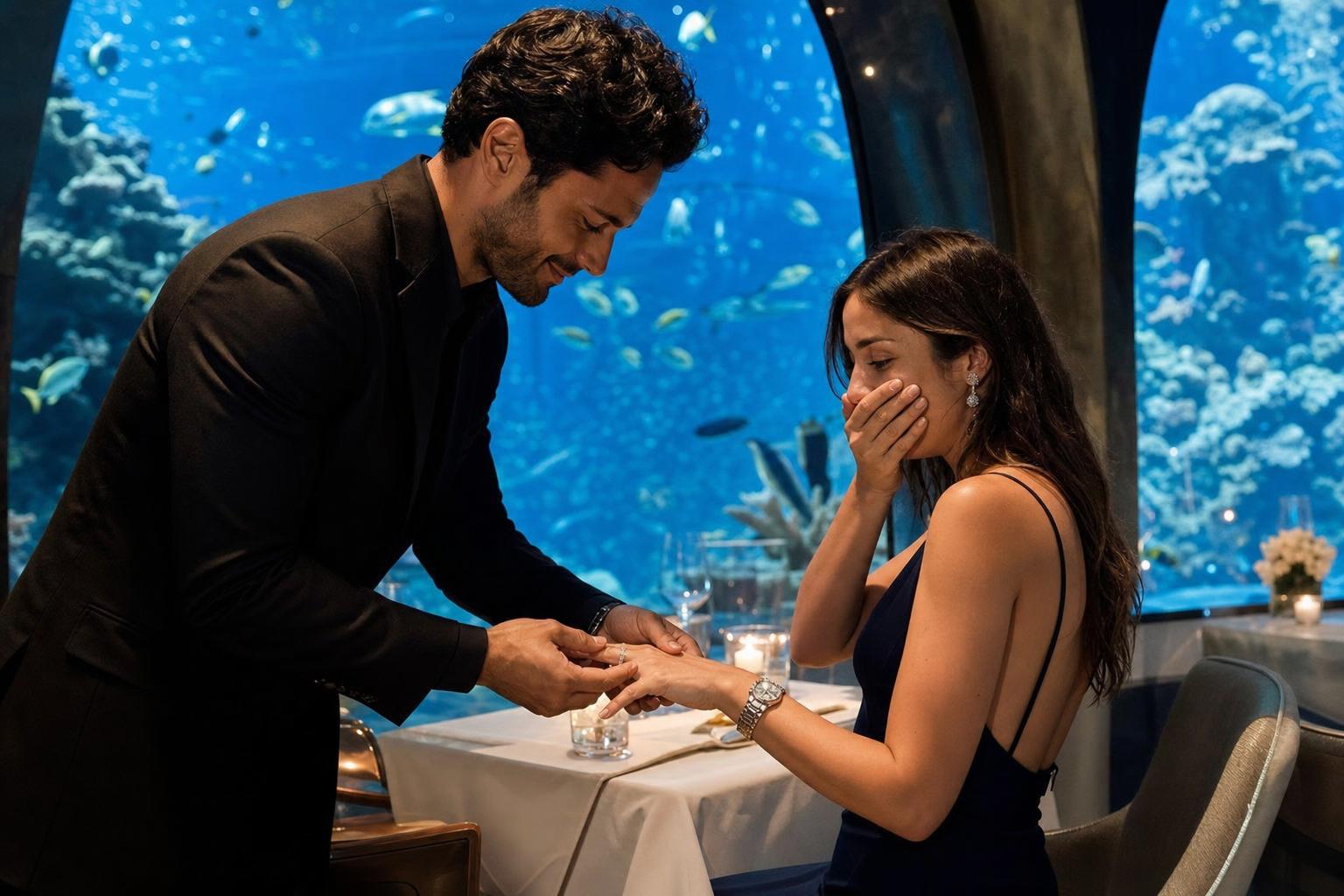 At an underwater restaurant - marriage proposal in Dubai